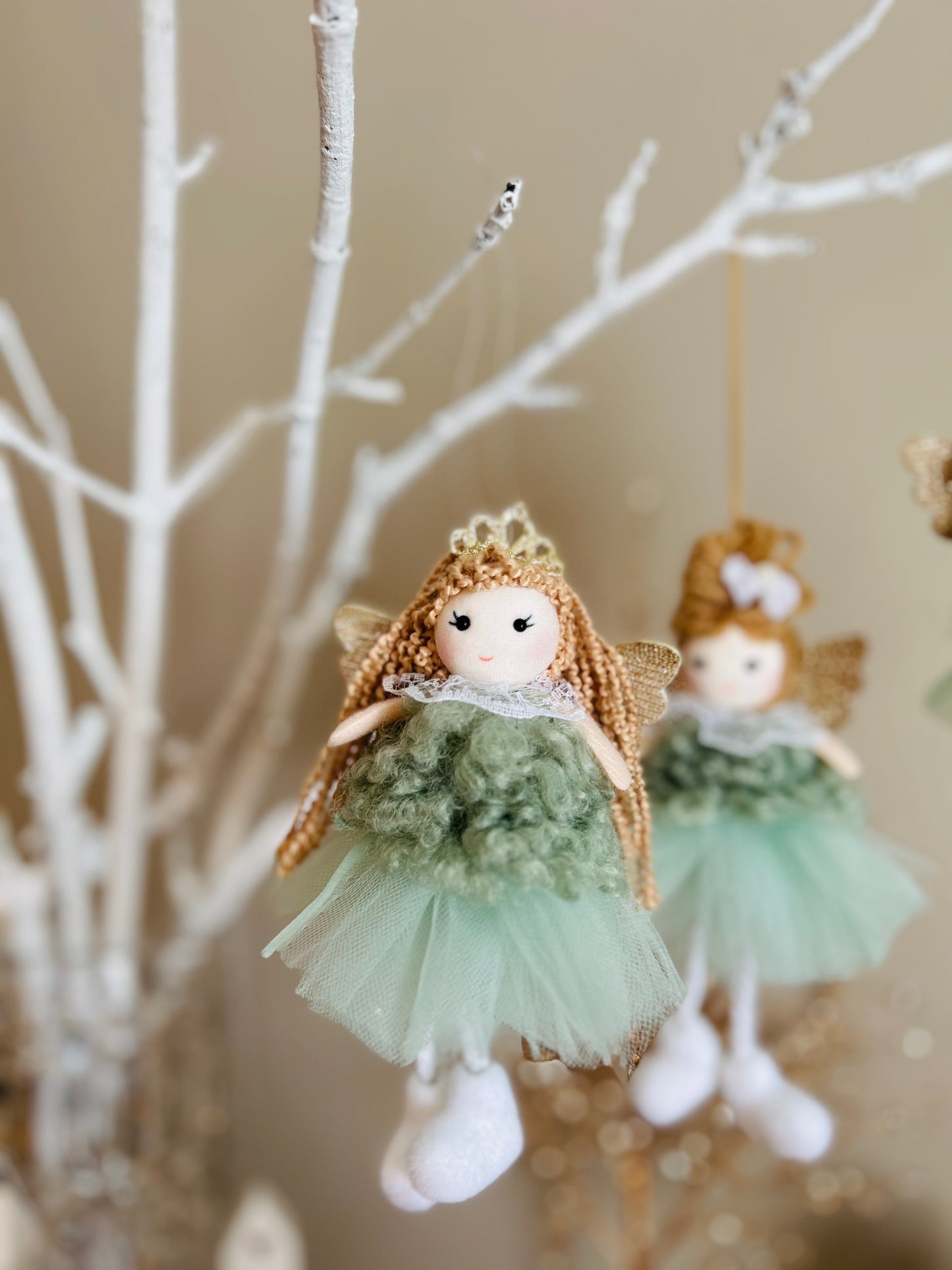 Charming Green Tulle Angel Pendant: Unique Gift with Ponytail, Bow, and Long Hair Options for Girls' Holidays or Birthdays.