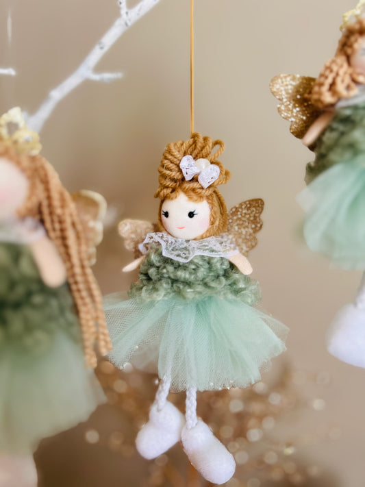 Charming Green Tulle Angel Pendant: Unique Gift with Ponytail, Bow, and Long Hair Options for Girls' Holidays or Birthdays.