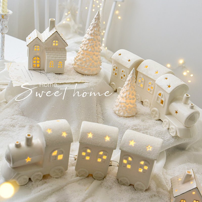 Ceramic LED Christmas Decor: Matte - textured Trees, Houses, Trains, and Crystal Trees - Handcrafted Delight for Festive Scenes and Unique Gifts, Bringing a Magical Christmas Experience for Children. - Simplidecor