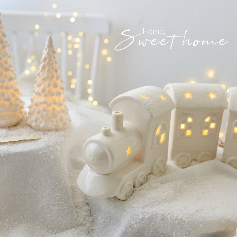 Ceramic LED Christmas Decor: Matte - textured Trees, Houses, Trains, and Crystal Trees - Handcrafted Delight for Festive Scenes and Unique Gifts, Bringing a Magical Christmas Experience for Children. - Simplidecor