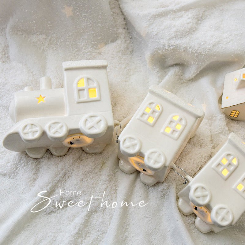 Ceramic LED Christmas Decor: Matte - textured Trees, Houses, Trains, and Crystal Trees - Handcrafted Delight for Festive Scenes and Unique Gifts, Bringing a Magical Christmas Experience for Children. - Simplidecor