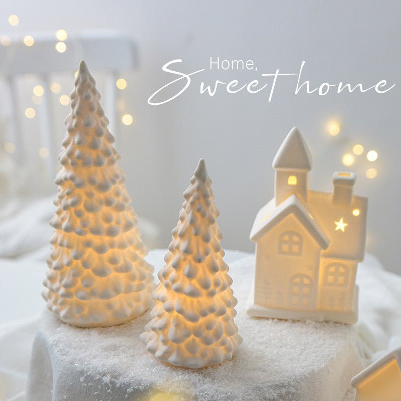 Ceramic LED Christmas Decor: Matte - textured Trees, Houses, Trains, and Crystal Trees - Handcrafted Delight for Festive Scenes and Unique Gifts, Bringing a Magical Christmas Experience for Children. - Simplidecor