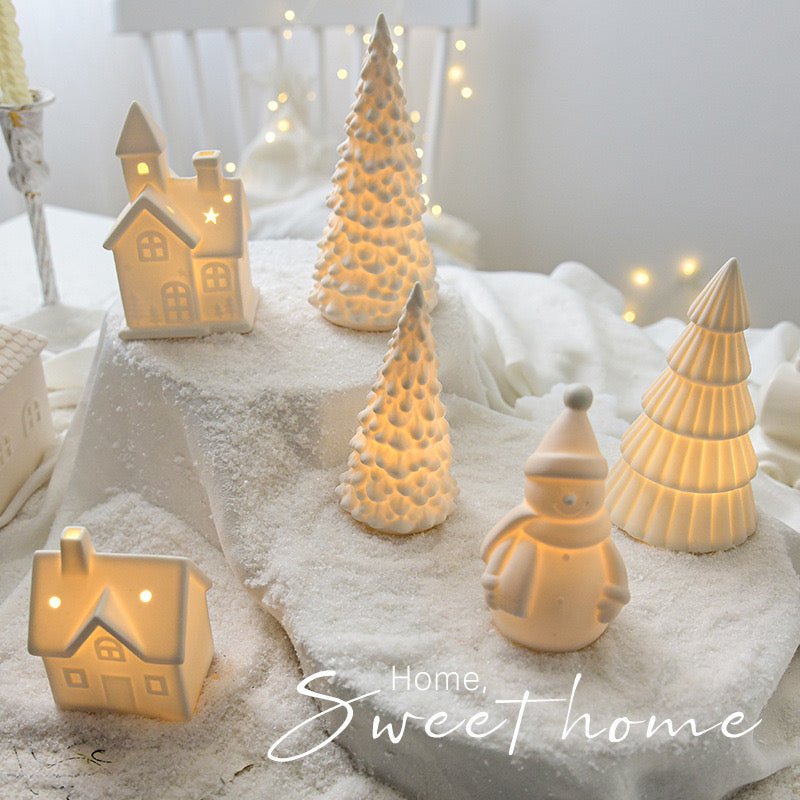 Ceramic LED Christmas Decor: Matte - textured Trees, Houses, Trains, and Crystal Trees - Handcrafted Delight for Festive Scenes and Unique Gifts, Bringing a Magical Christmas Experience for Children. - Simplidecor