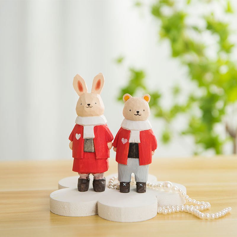 Charming Wooden Figurines: Red - Clad Bear Boy and Rabbit Girl - Perfect Gifts for Birthdays, Valentine's Day, Christmas, and New Year - Simplidecor