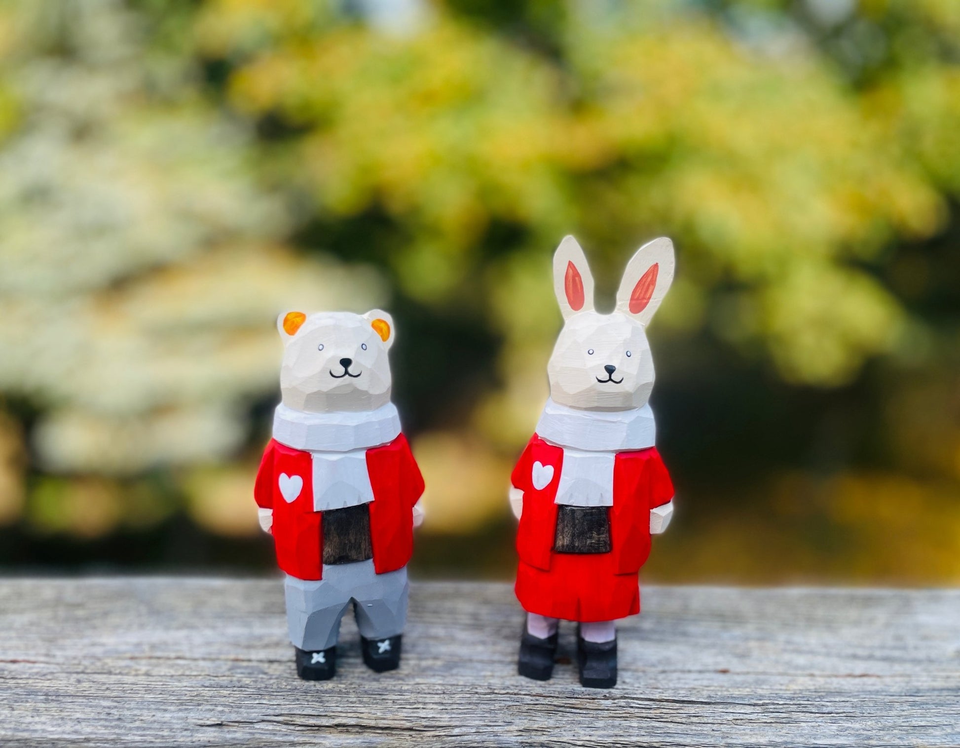 Charming Wooden Figurines: Red - Clad Bear Boy and Rabbit Girl - Perfect Gifts for Birthdays, Valentine's Day, Christmas, and New Year - Simplidecor