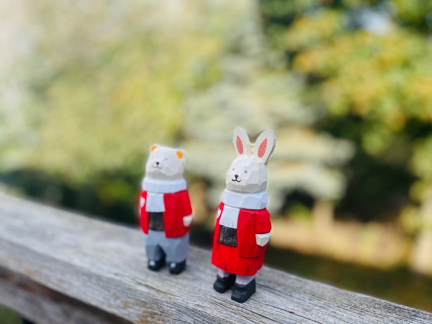 Charming Wooden Figurines: Red - Clad Bear Boy and Rabbit Girl - Perfect Gifts for Birthdays, Valentine's Day, Christmas, and New Year - Simplidecor
