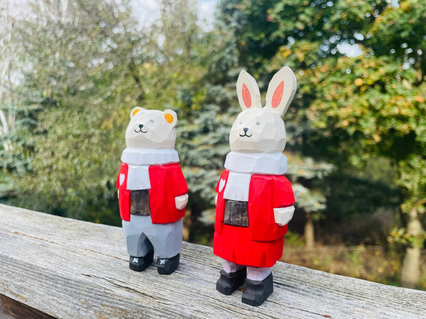 Charming Wooden Figurines: Red - Clad Bear Boy and Rabbit Girl - Perfect Gifts for Birthdays, Valentine's Day, Christmas, and New Year - Simplidecor