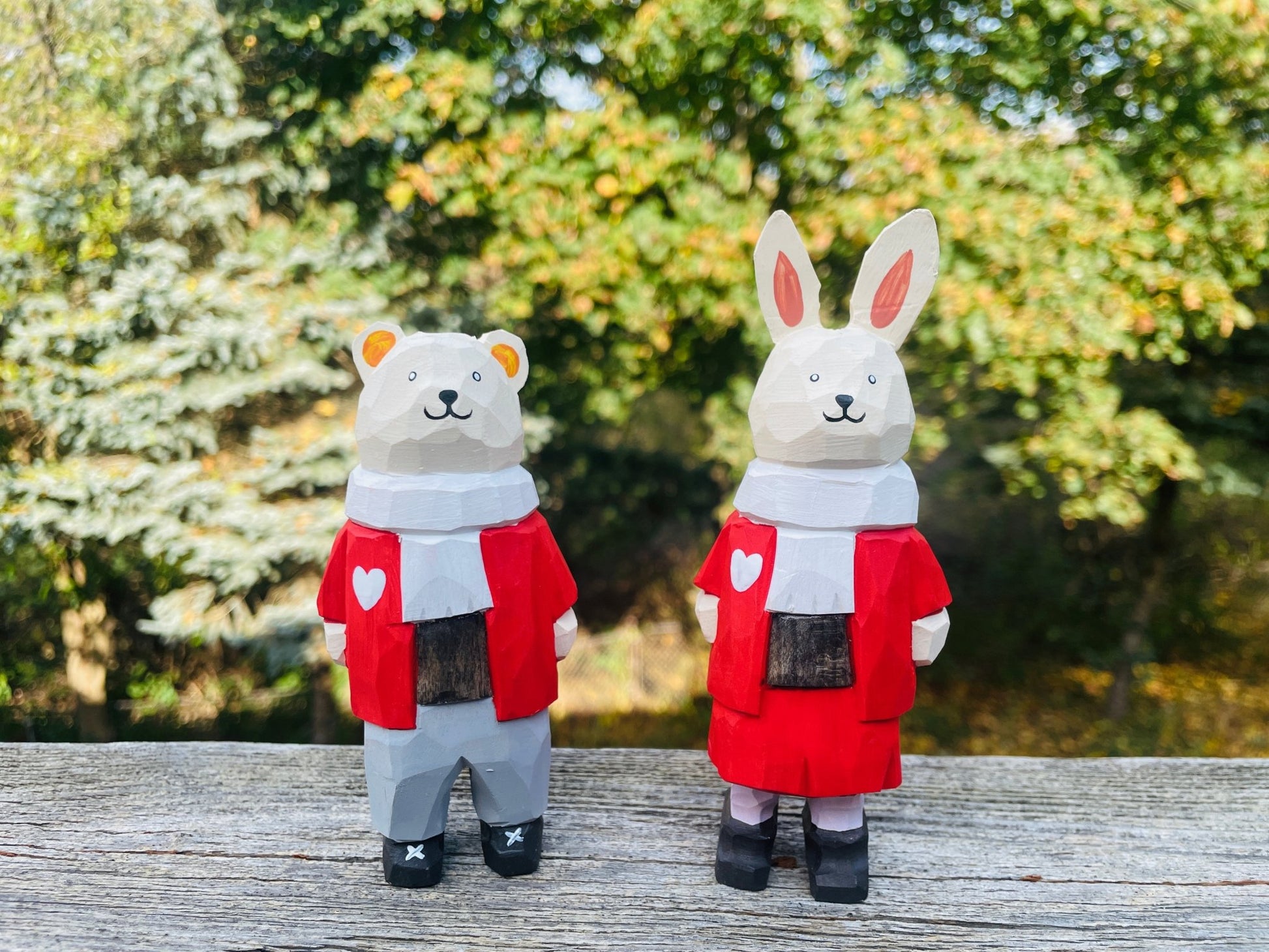 Charming Wooden Figurines: Red - Clad Bear Boy and Rabbit Girl - Perfect Gifts for Birthdays, Valentine's Day, Christmas, and New Year - Simplidecor