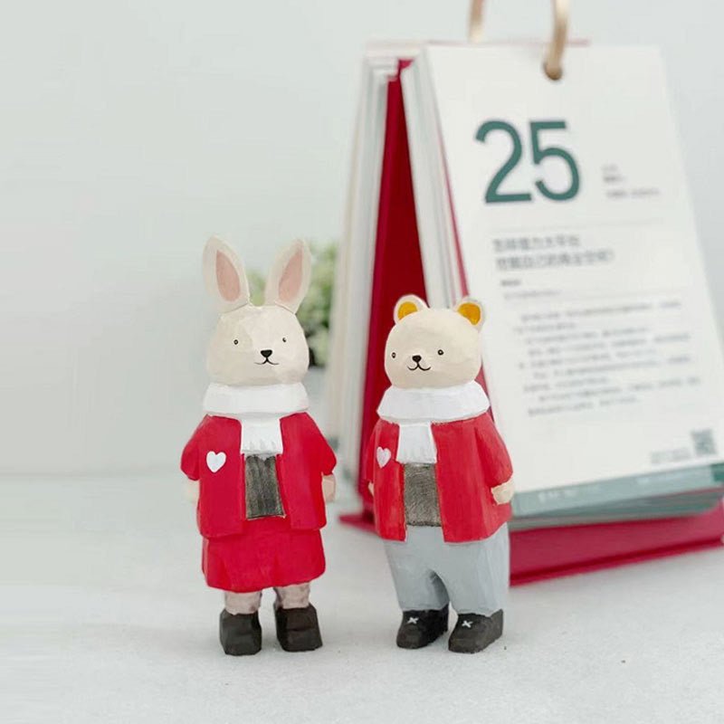 Charming Wooden Figurines: Red - Clad Bear Boy and Rabbit Girl - Perfect Gifts for Birthdays, Valentine's Day, Christmas, and New Year - Simplidecor