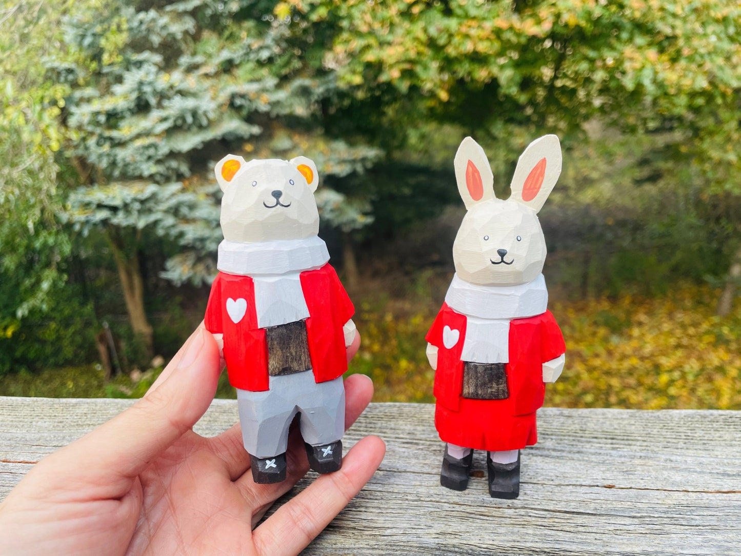 Charming Wooden Figurines: Red - Clad Bear Boy and Rabbit Girl - Perfect Gifts for Birthdays, Valentine's Day, Christmas, and New Year - Simplidecor