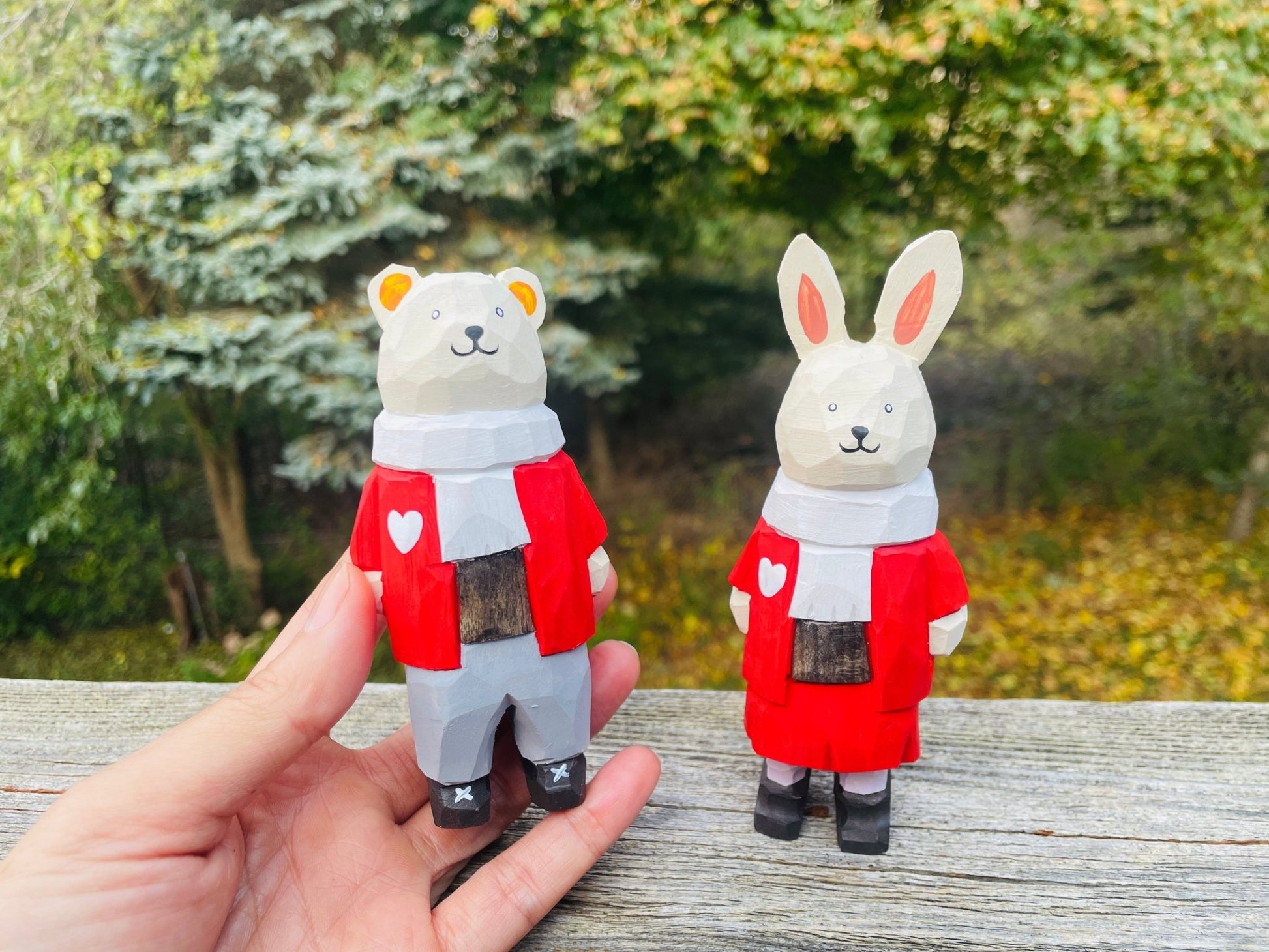 Charming Wooden Figurines: Red - Clad Bear Boy and Rabbit Girl - Perfect Gifts for Birthdays, Valentine's Day, Christmas, and New Year - Simplidecor