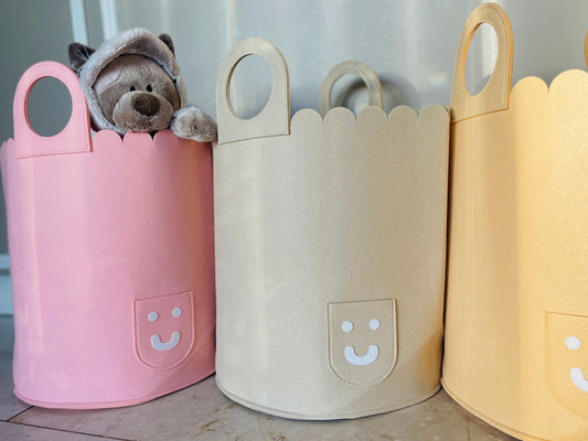 Cheerful Kids' Felt Storage Basket: Round Handle in Soft Pink, Beige, and Yellow. Foldable Design with Ample Space for a Tidy and Playful Room. Perfect for Children's Room Organization - Simplidecor