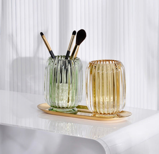 Decor with Modern Charm: Thick Striped Glass Vase for Makeup Brushes or Standalone Elegance. Stylish Amber Colors, Ideal for Housewarming, Holidays, or Birthday Gifts - Simplidecor