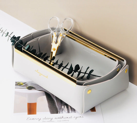 Elevate Storage: Leather and Steel Bin with Gold Frame, Foldable Design – Functional and Stylish Organization. Elegant Space Management and an Ideal Housewarming Gift. Multiple Colors Available. - Simplidecor