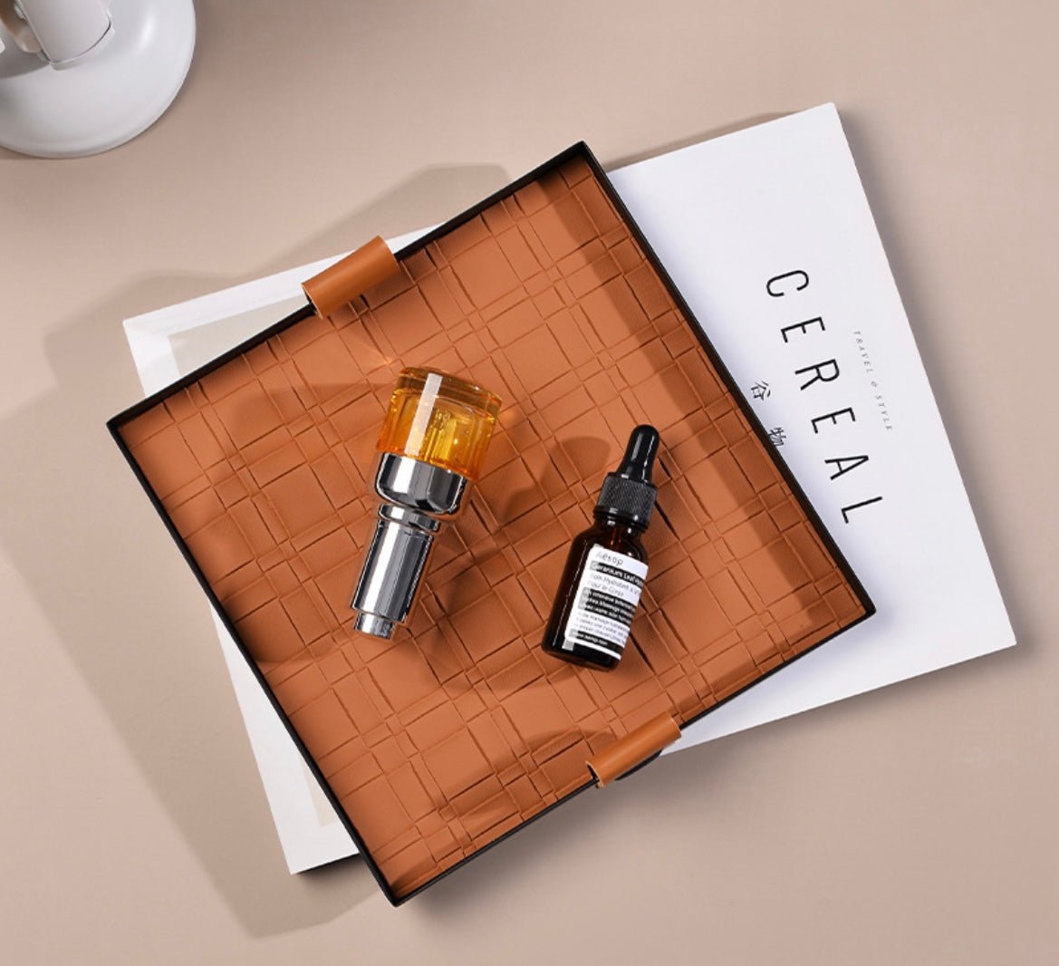 Elevate Your Home with Luxury: Embossed Leather Tray with Sleek Black Metal Accents – A Stylish and Versatile Gift for Every Occasion! - Simplidecor