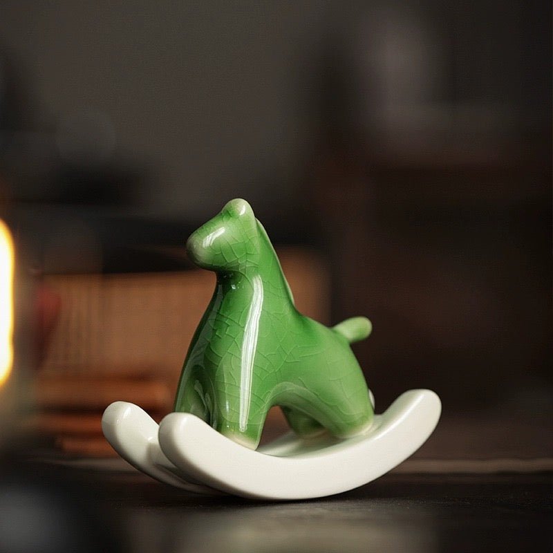 Elevate Your Space with Elegance: Ceramic Rocking Horse in Green and White – A Stylish Desktop Stress - Reliever and Decorative Gift - Simplidecor