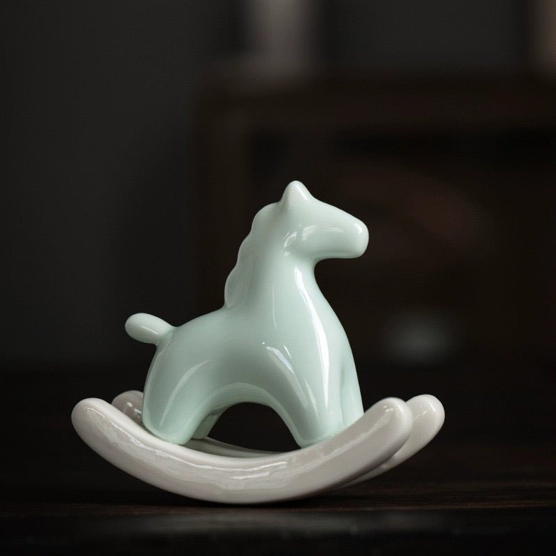 Elevate Your Space with Elegance: Ceramic Rocking Horse in Green and White – A Stylish Desktop Stress - Reliever and Decorative Gift - Simplidecor