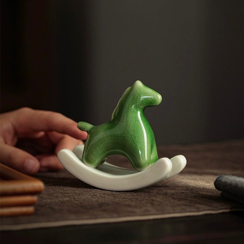 Elevate Your Space with Elegance: Ceramic Rocking Horse in Green and White – A Stylish Desktop Stress - Reliever and Decorative Gift - Simplidecor