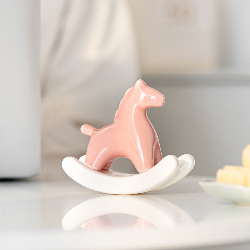 Elevate Your Space with Elegance: Ceramic Rocking Horse in Green and White – A Stylish Desktop Stress - Reliever and Decorative Gift - Simplidecor