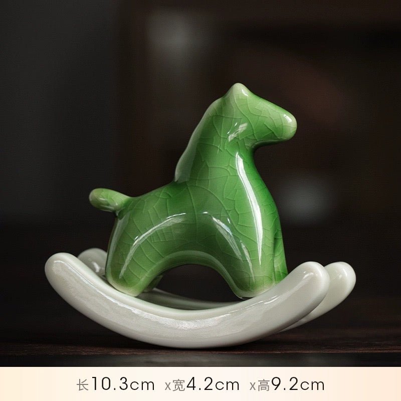 Elevate Your Space with Elegance: Ceramic Rocking Horse in Green and White – A Stylish Desktop Stress - Reliever and Decorative Gift - Simplidecor