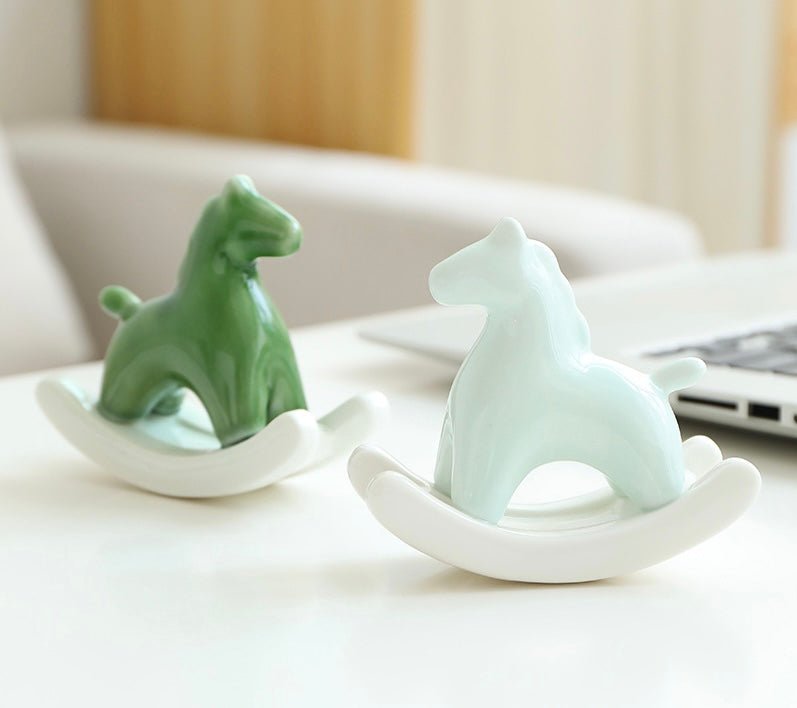 Elevate Your Space with Elegance: Ceramic Rocking Horse in Green and White – A Stylish Desktop Stress - Reliever and Decorative Gift - Simplidecor