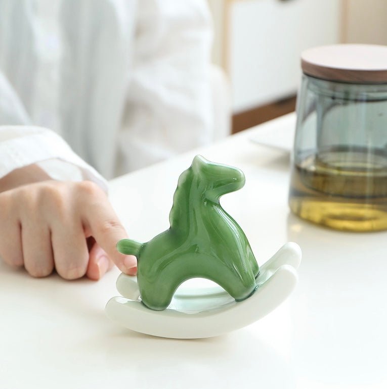 Elevate Your Space with Elegance: Ceramic Rocking Horse in Green and White – A Stylish Desktop Stress - Reliever and Decorative Gift - Simplidecor