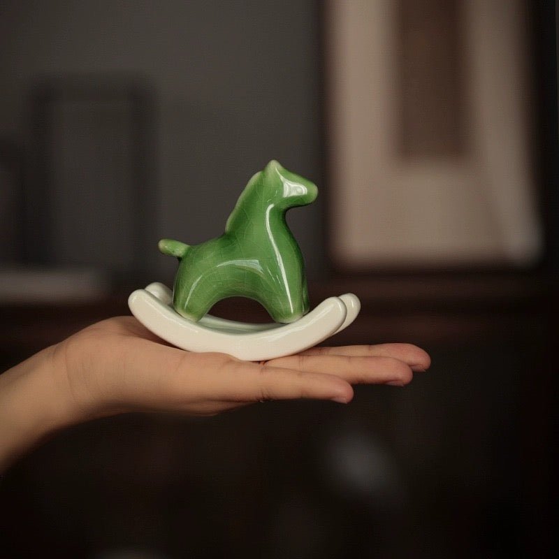 Elevate Your Space with Elegance: Ceramic Rocking Horse in Green and White – A Stylish Desktop Stress - Reliever and Decorative Gift - Simplidecor