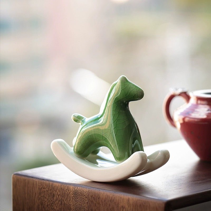 Elevate Your Space with Elegance: Ceramic Rocking Horse in Green and White – A Stylish Desktop Stress - Reliever and Decorative Gift - Simplidecor