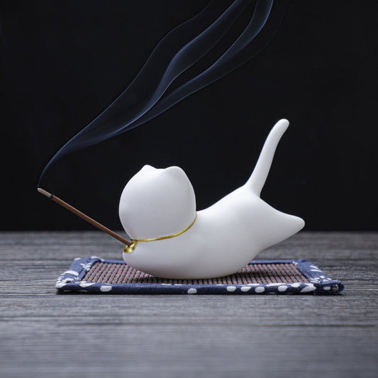 Elevate Your Space with Tranquility: White Jade Handcrafted Ceramic Cat Incense Holder – Ideal for Home and Study Décor, a Perfect Gift - Simplidecor