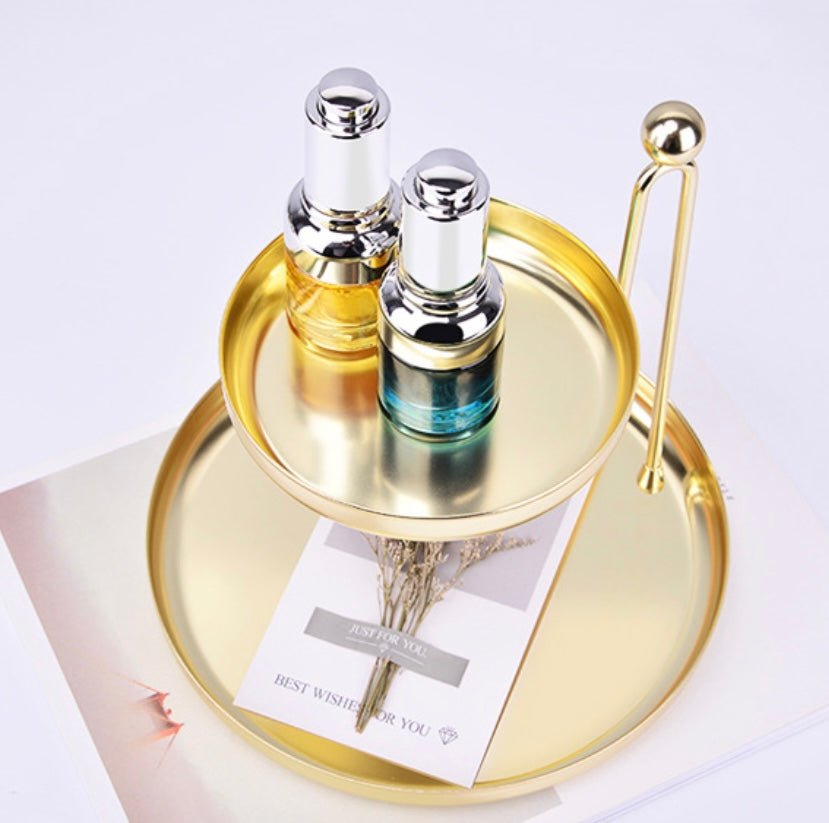 Golden Metal Double - Layer Storage Tray: Elegant Jewelry and Desktop Organizer for Stylish Home Decor. Ideal for New Home, Festive, and Wedding Gifts. - Simplidecor