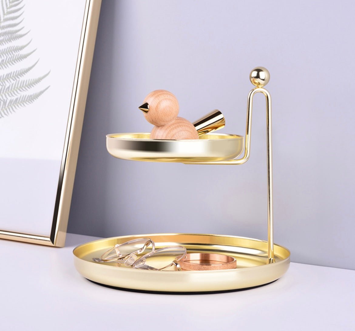 Golden Metal Double - Layer Storage Tray: Elegant Jewelry and Desktop Organizer for Stylish Home Decor. Ideal for New Home, Festive, and Wedding Gifts. - Simplidecor