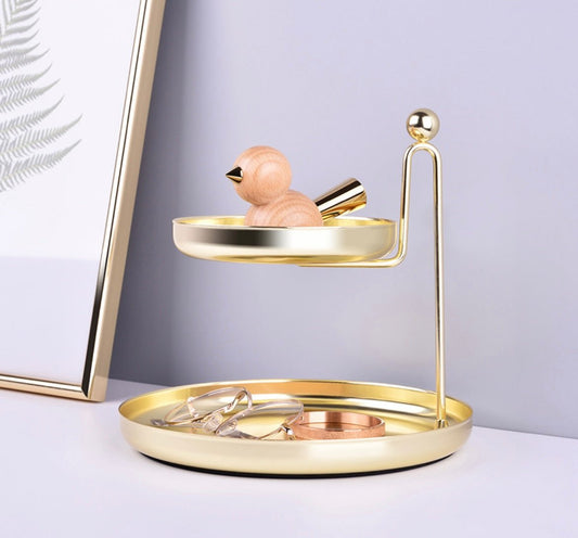 Golden Metal Double - Layer Storage Tray: Elegant Jewelry and Desktop Organizer for Stylish Home Decor. Ideal for New Home, Festive, and Wedding Gifts. - Simplidecor
