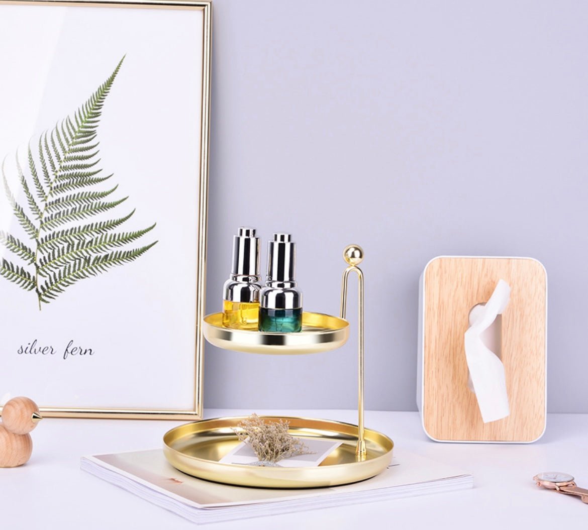 Golden Metal Double - Layer Storage Tray: Elegant Jewelry and Desktop Organizer for Stylish Home Decor. Ideal for New Home, Festive, and Wedding Gifts. - Simplidecor