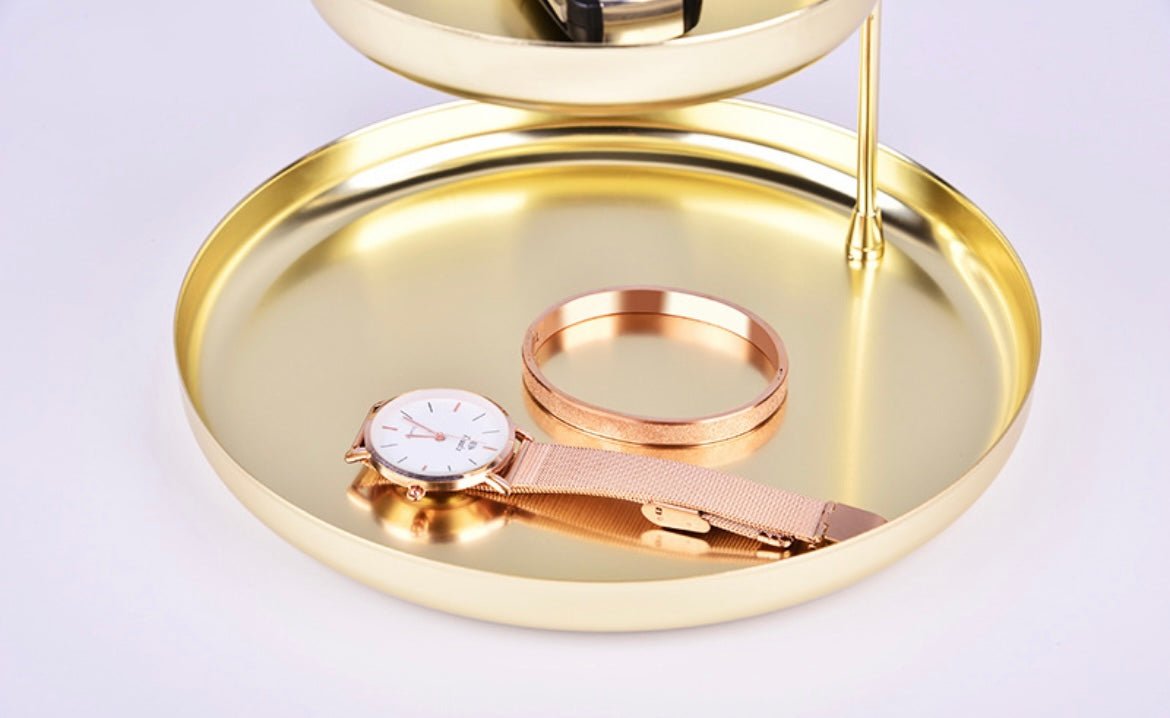 Golden Metal Double - Layer Storage Tray: Elegant Jewelry and Desktop Organizer for Stylish Home Decor. Ideal for New Home, Festive, and Wedding Gifts. - Simplidecor
