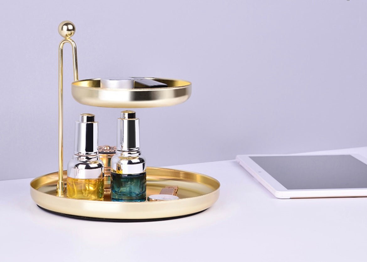Golden Metal Double - Layer Storage Tray: Elegant Jewelry and Desktop Organizer for Stylish Home Decor. Ideal for New Home, Festive, and Wedding Gifts. - Simplidecor
