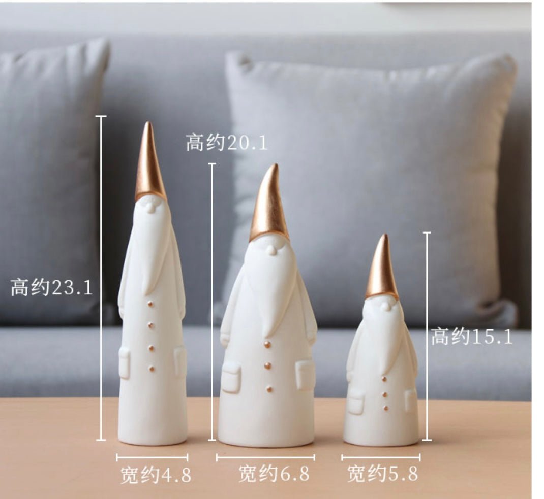 Handcrafted Ceramic Santa Trio: Minimalist Elegance in White and Gold, Nordic - inspired Christmas Decor for Scene Setting and Thoughtful Holiday Gifting - Simplidecor