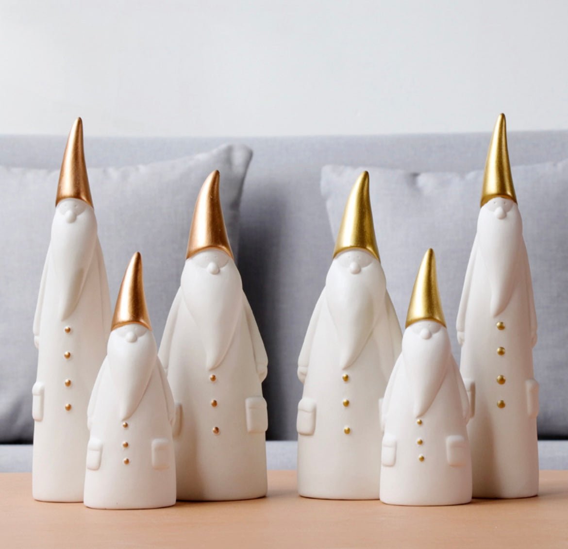 Handcrafted Ceramic Santa Trio: Minimalist Elegance in White and Gold, Nordic - inspired Christmas Decor for Scene Setting and Thoughtful Holiday Gifting - Simplidecor