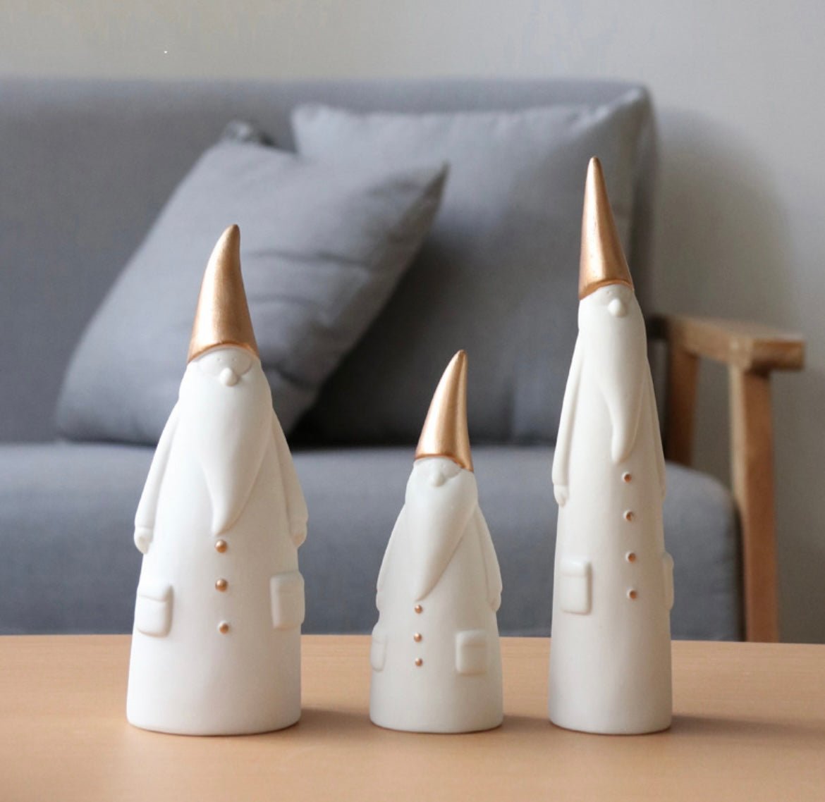 Handcrafted Ceramic Santa Trio: Minimalist Elegance in White and Gold, Nordic - inspired Christmas Decor for Scene Setting and Thoughtful Holiday Gifting - Simplidecor