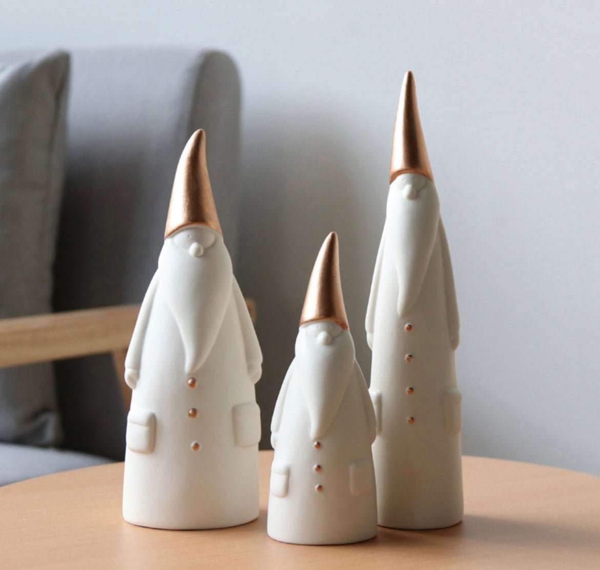 Handcrafted Ceramic Santa Trio: Minimalist Elegance in White and Gold, Nordic - inspired Christmas Decor for Scene Setting and Thoughtful Holiday Gifting - Simplidecor