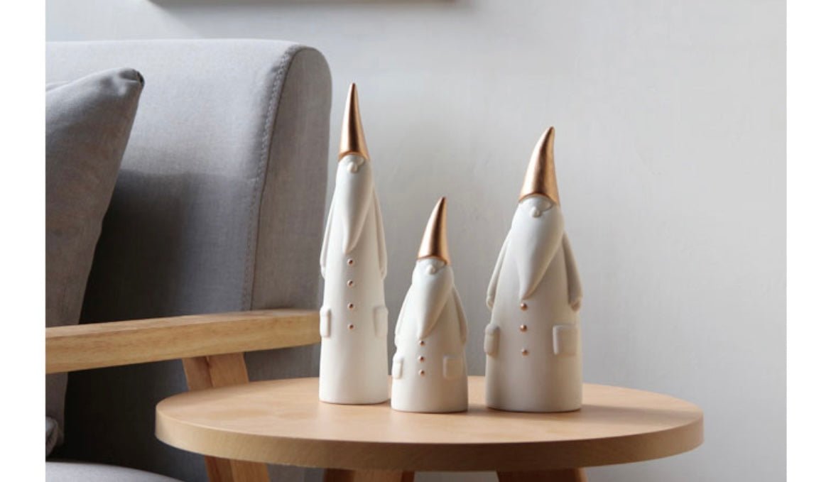 Handcrafted Ceramic Santa Trio: Minimalist Elegance in White and Gold, Nordic - inspired Christmas Decor for Scene Setting and Thoughtful Holiday Gifting - Simplidecor