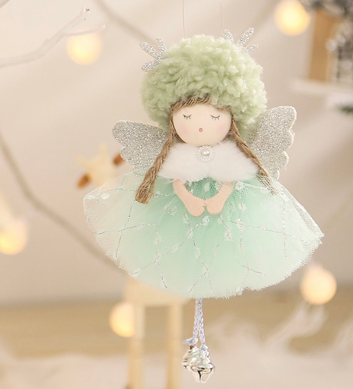 Handmade Angel with Mesh Skirt, Deer Antlers, and Bells: Adorable Sleeping Expression - Perfect Holiday Gift, Handmade Fairy for girl. - Simplidecor