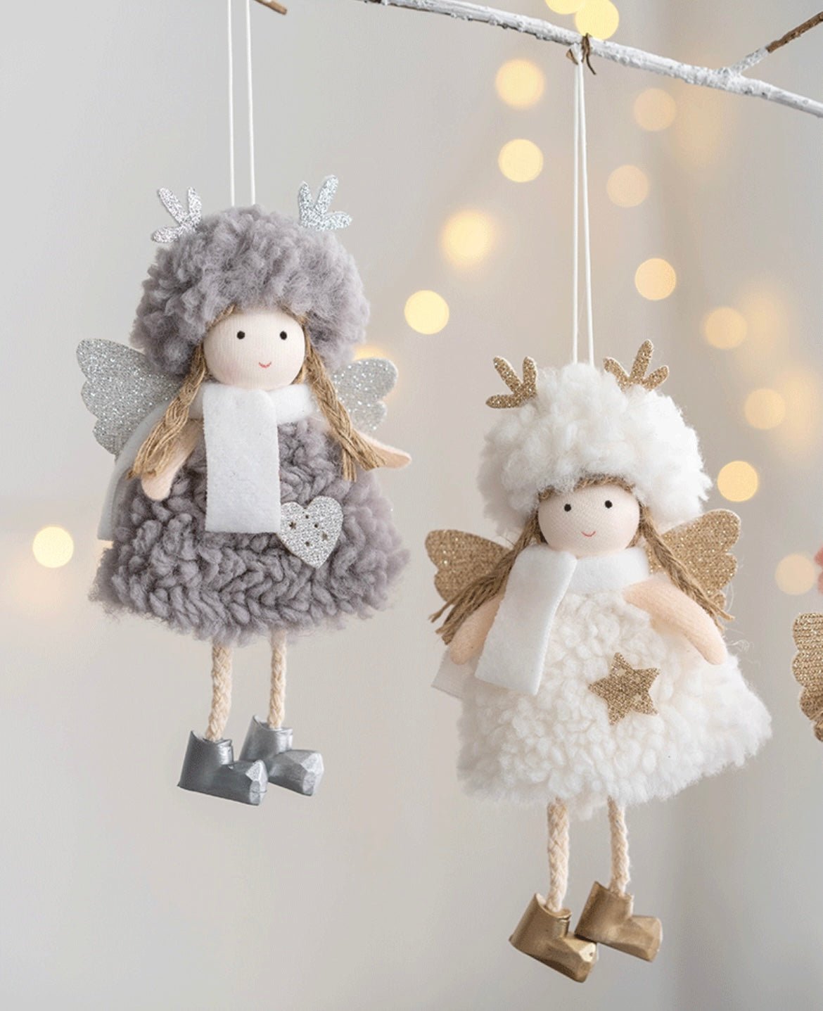 Handmade Angel with Plush Circle Skirt and Golden Deer Antlers: Dark Pink, White, Grey - Adorable Boots Included. Charming Decor or Unique Gift Options. - Simplidecor