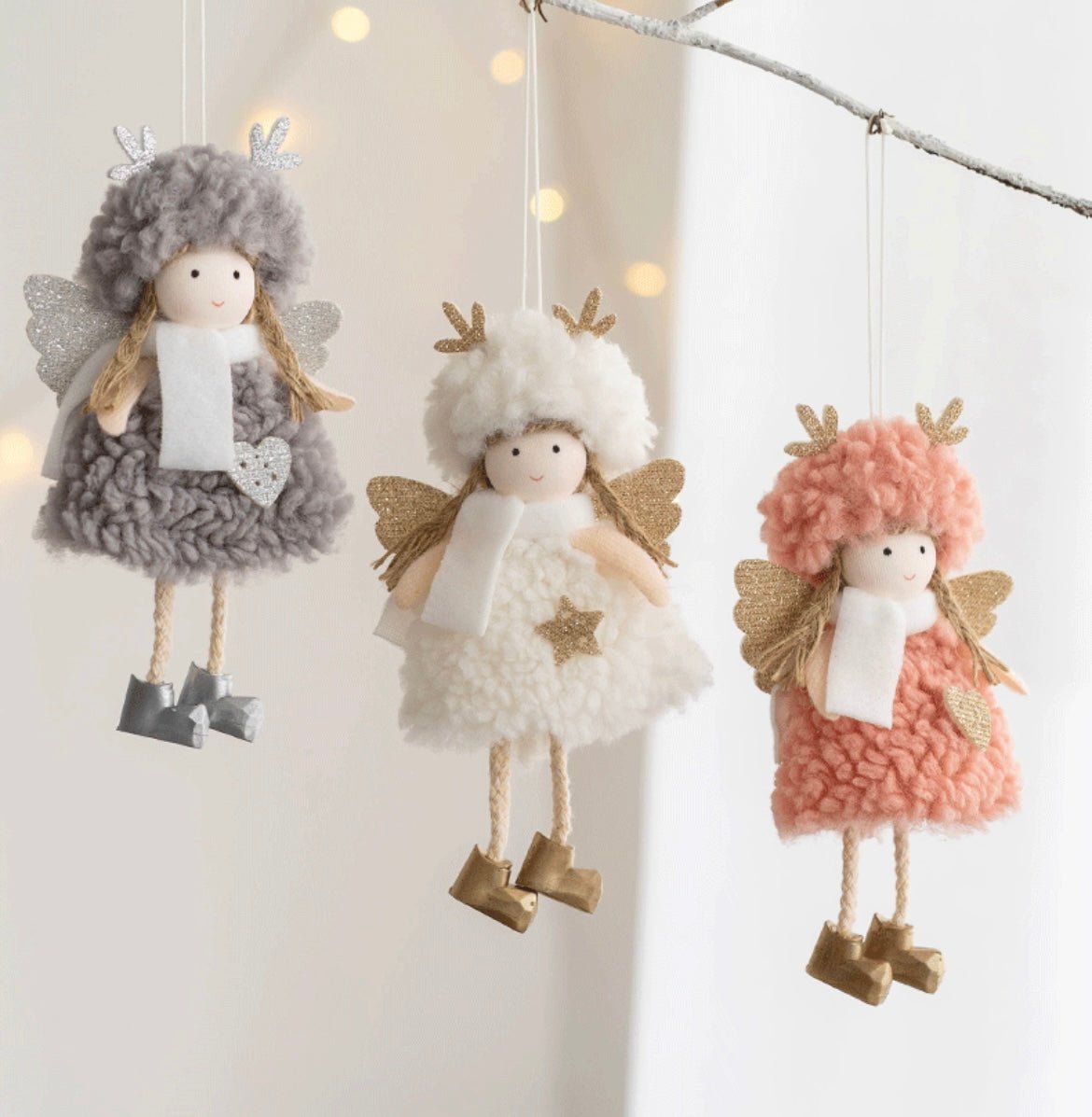 Handmade Angel with Plush Circle Skirt and Golden Deer Antlers: Dark Pink, White, Grey - Adorable Boots Included. Charming Decor or Unique Gift Options. - Simplidecor