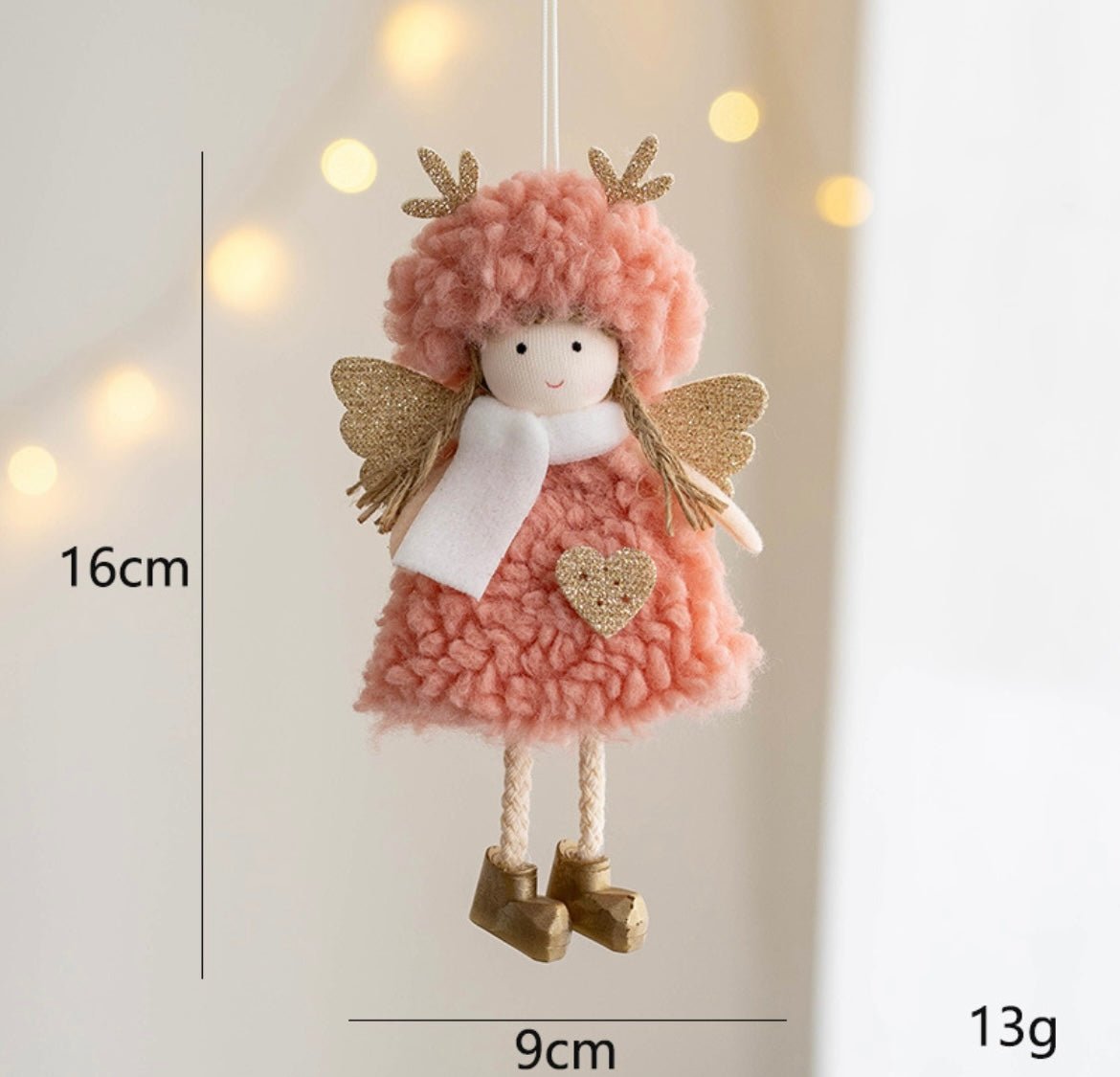 Handmade Angel with Plush Circle Skirt and Golden Deer Antlers: Dark Pink, White, Grey - Adorable Boots Included. Charming Decor or Unique Gift Options. - Simplidecor