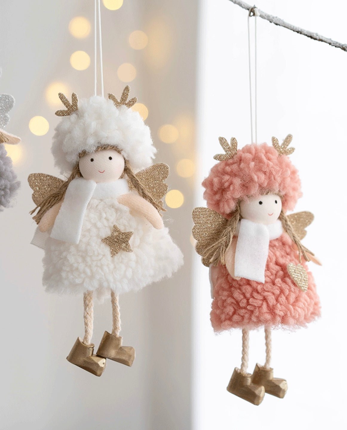 Handmade Angel with Plush Circle Skirt and Golden Deer Antlers: Dark Pink, White, Grey - Adorable Boots Included. Charming Decor or Unique Gift Options. - Simplidecor