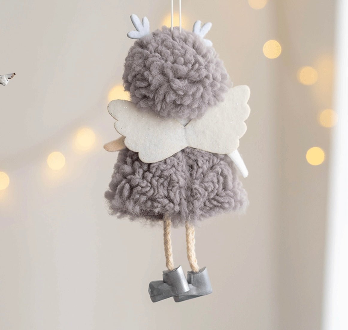 Handmade Angel with Plush Circle Skirt and Golden Deer Antlers: Dark Pink, White, Grey - Adorable Boots Included. Charming Decor or Unique Gift Options. - Simplidecor