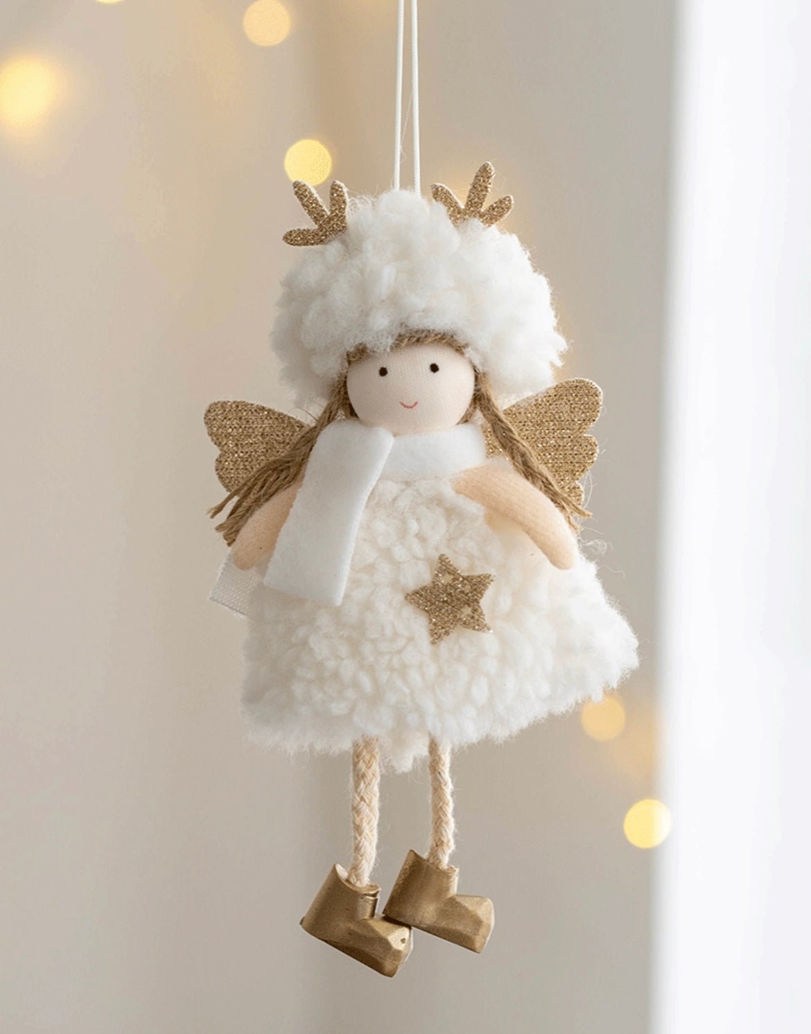 Handmade Angel with Plush Circle Skirt and Golden Deer Antlers: Dark Pink, White, Grey - Adorable Boots Included. Charming Decor or Unique Gift Options. - Simplidecor