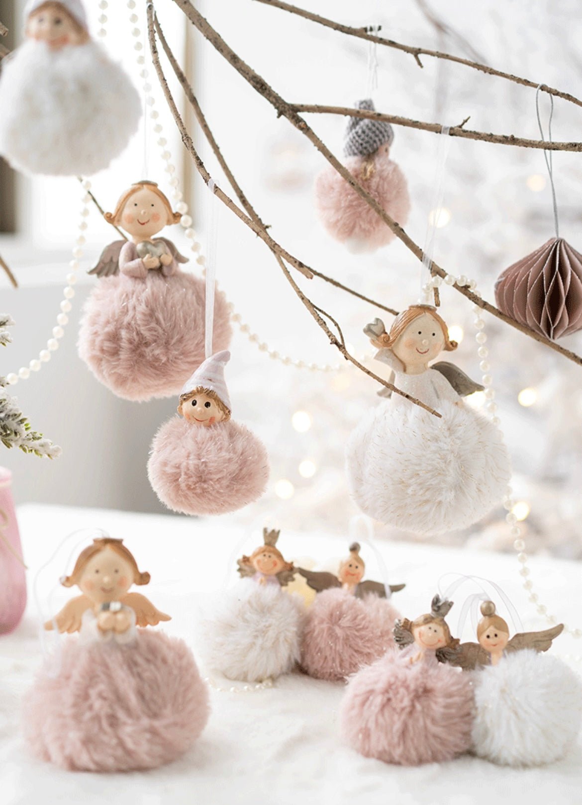 Handmade Christmas Tree Ornaments: Angelic Boys and Girls with Gypsum Bodies and Fuzzy Pom - Poms - Delightful Poses and Expressions. Add a Unique and Charming Touch to Your Holiday Decor. - Simplidecor