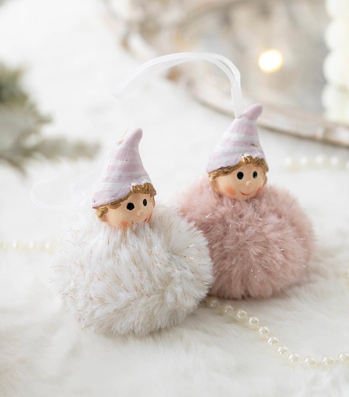 Handmade Christmas Tree Ornaments: Angelic Boys and Girls with Gypsum Bodies and Fuzzy Pom - Poms - Delightful Poses and Expressions. Add a Unique and Charming Touch to Your Holiday Decor. - Simplidecor