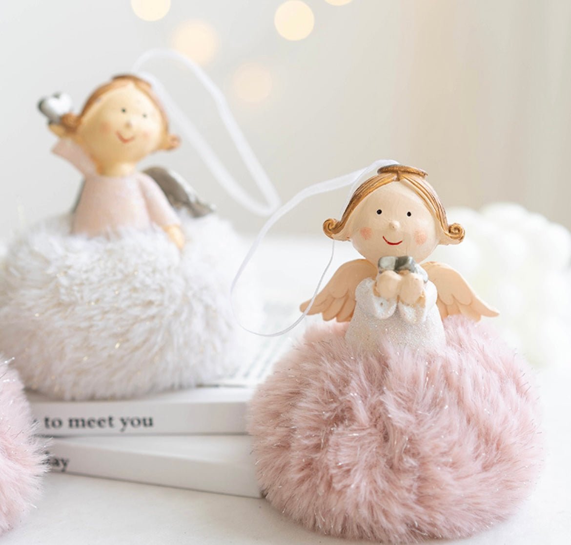 Handmade Christmas Tree Ornaments: Angelic Boys and Girls with Gypsum Bodies and Fuzzy Pom - Poms - Delightful Poses and Expressions. Add a Unique and Charming Touch to Your Holiday Decor. - Simplidecor
